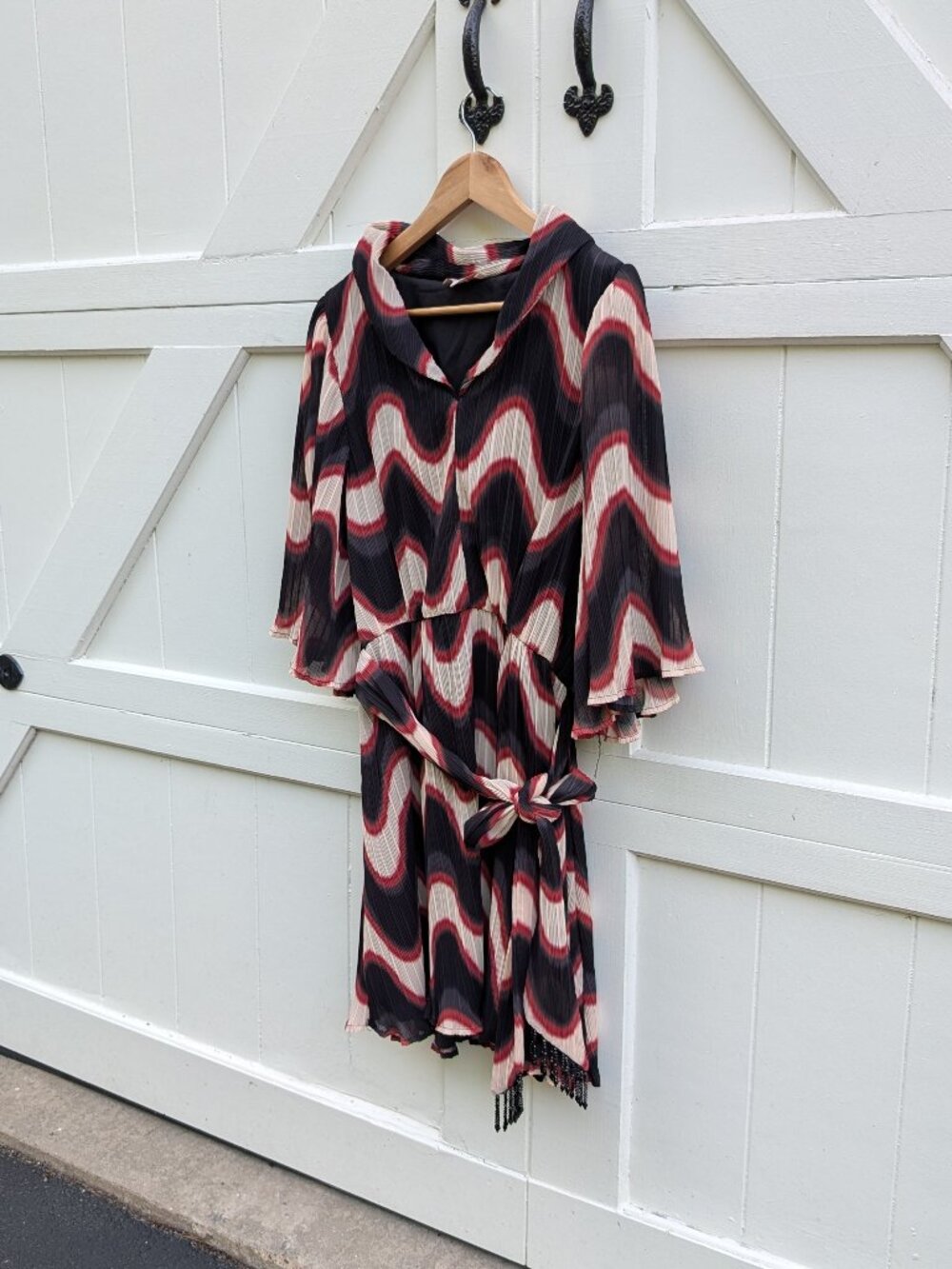 CIEBON Juni Wave Print Pleated Mini Dress w/ Beaded Tassel Belt - XL